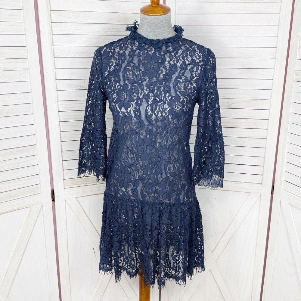 Missguided Sheer Lace Topper Tunic Dress Navy Blue Size 4 Whimsigoth Boho Goth